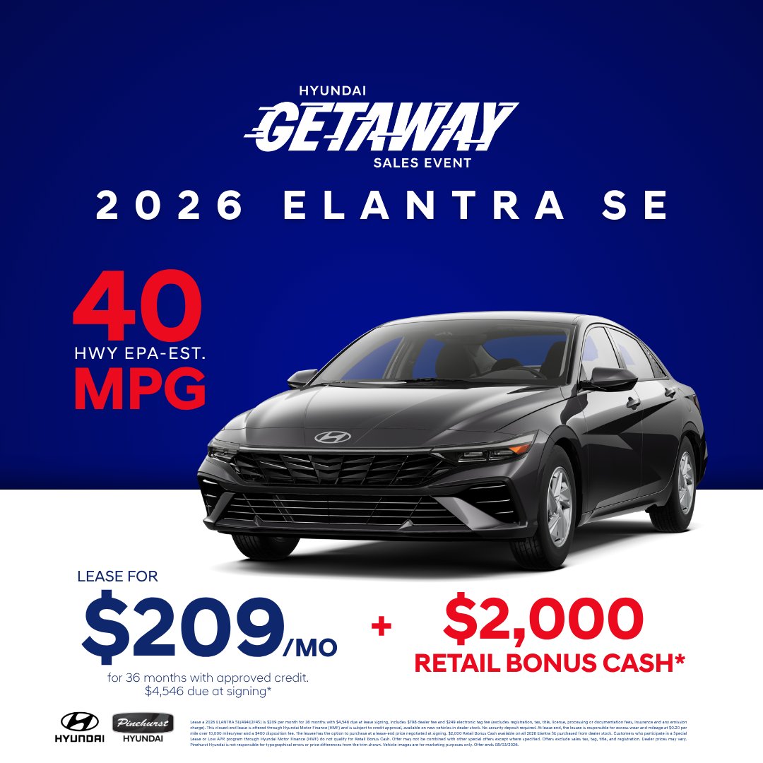 PineHyundai's tweet photo. Take advantage of incredible offers on new Hyundai models during the Getaway Sales Event. Shop now before these deals drive away.  

https://t.co/B9XCBn4Tw3

#PinehurstHyundai #Pinehurst #Hyundai #SouthernPines #HyundaiElantra #Elantra #ElantraOffer #HyundaiGetawaySalesEvent https://t.co/jYeObL65PS