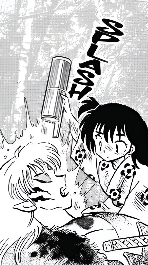 Daily_Rin__Chan's tweet photo. The scene in chapter 129 where Rin pours water on Sesshomaru unfortunately didn't make it into the anime, despite being one of the most iconic Rin moments in the manga.

No one but Rin would have introduced themselves to the Sengoku's most fearsome demon lord like this! #rin #りん #犬夜叉