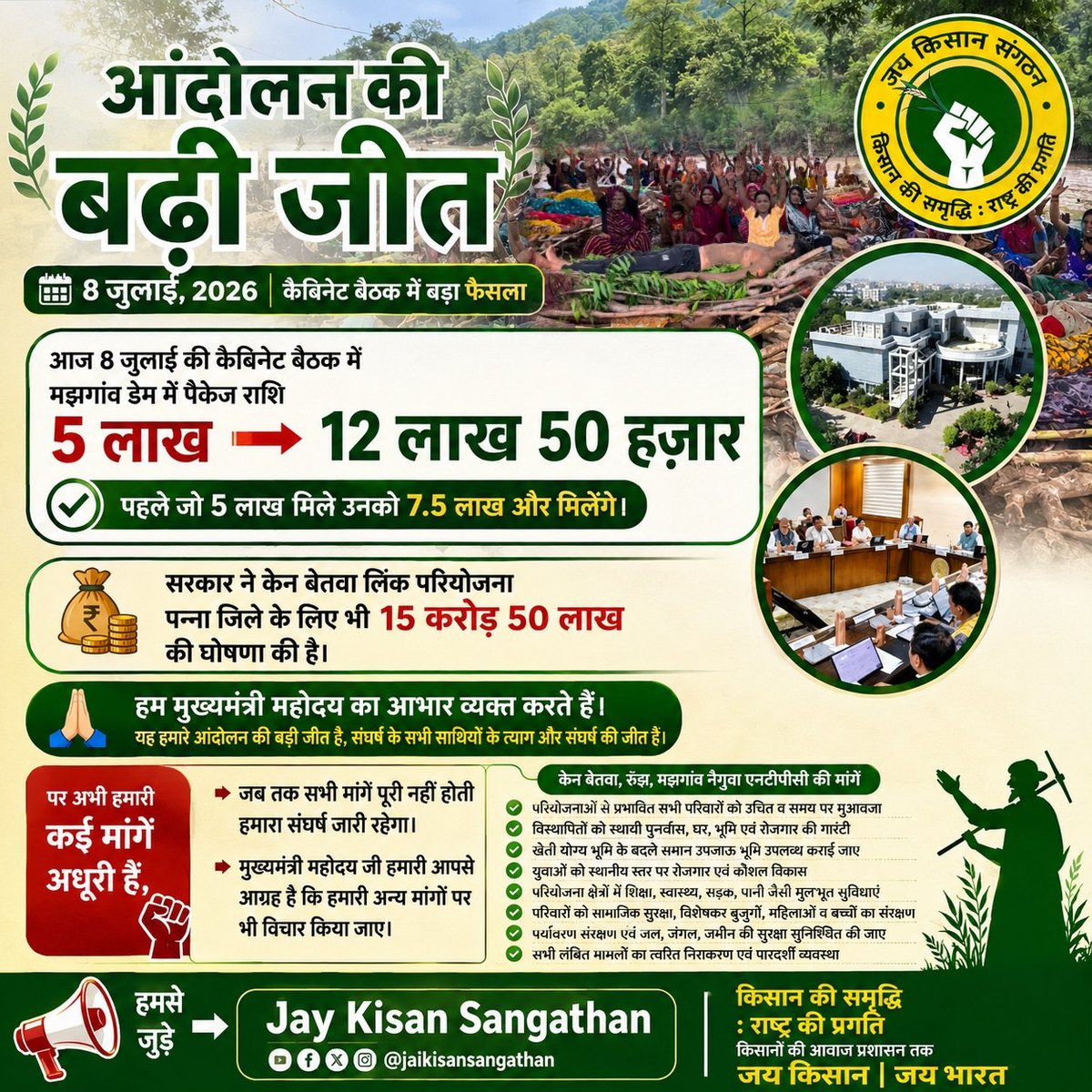 iAmitBhatnagar's tweet photo. 🌿 आंदोलन की बड़ी जीत, संघर्ष जारी! ✊
जय किसान संगठन के सतत संघर्ष, किसानों-आदिवासियों की एकजुटता और जनआंदोलन की ताकत से आज एक महत्वपूर्ण सफलता मिली है। 8 जुलाई 2026 की कैबिनेट बैठक में मझगांव डेम प्रभावितों की पैकेज राशि ₹5 लाख से बढ़ाकर ₹12.50 लाख करने का निर्णय लिया गया है https://t.co/4CQSlaTqrf