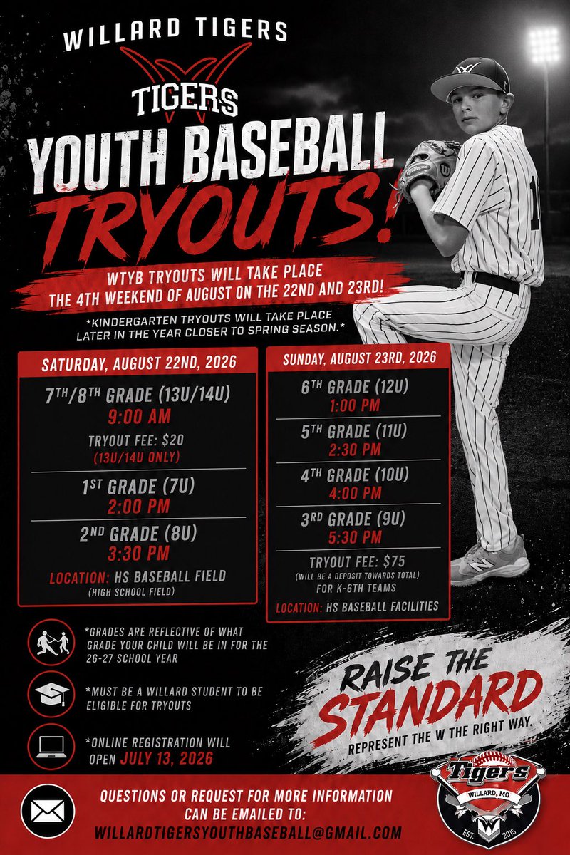 WillardTigersBB's tweet photo. Willard Youth Baseball tryouts have been set! https://t.co/ylAjv0JUvl
