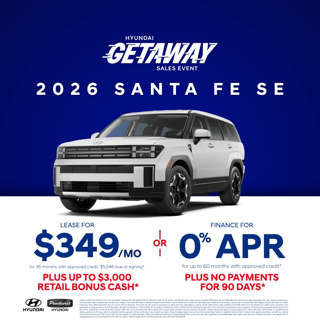 PineHyundai's tweet photo. Summer adventures start here. Find the Hyundai that's ready for wherever the season takes you at Pinehurst Hyundai.

https://t.co/B9XCBn4Tw3

#PinehurstHyundai #Pinehurst #Hyundai #SouthernPines #HyundaiSantaFe #SantaFe #SantaFeOffer #HyundaiGetawaySalesEvent https://t.co/Cgj4wp1kci