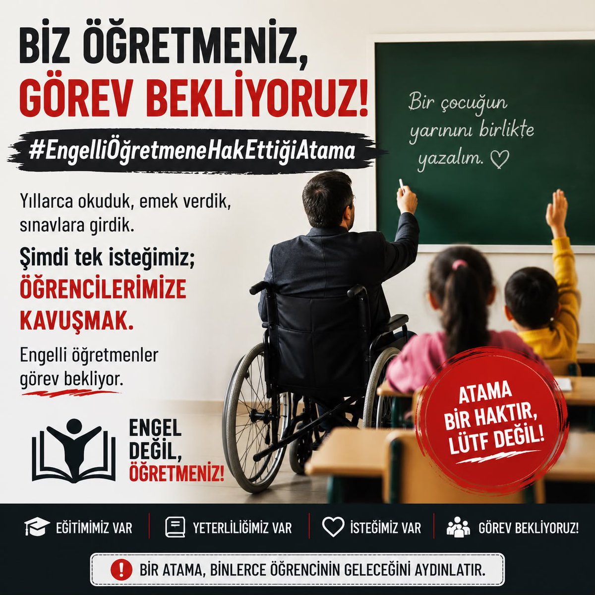 MMEHMETYYLDRM's tweet photo. Bir atama, binlerce engelli öğretmenin hayatını değiştirebilir. Beklemek değil, üretmek istiyoruz.
@RTErdogan @EmineErdogan @Yusuf__Tekin @oktay_saral @_cevdetyilmaz @hasandogan @iletisim @tcbestepe @Akparti @latifselvi42 @kasapoglu
#EngelliÖğretmeneHakEttiğiAtama https://t.co/HOe9FYWoWW