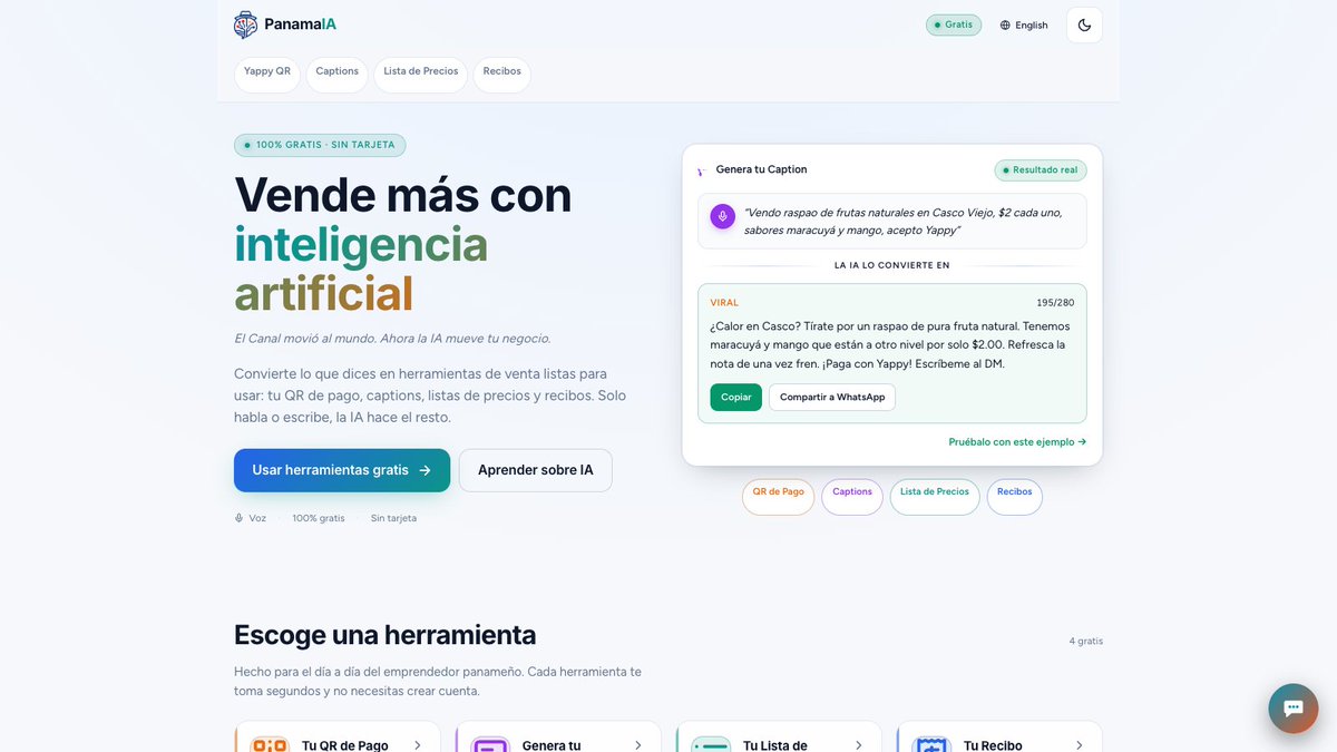 Panama_IA's tweet photo. 🇵🇦 Panamá IA ya está en vivo.

Herramientas de IA gratis para tu negocio, listas en segundos. Escribes o lo haces por voz:

✅ Rótulos y posts para vender
✅ Listas de precios
✅ Códigos QR de Yappy para cobrar
✅ Recibos
✅ Descripciones de productos

Gratis para siempre. Sin tarjeta. Sin cuenta.

Pruébalo 👉 https://t.co/VhXKEtkzda