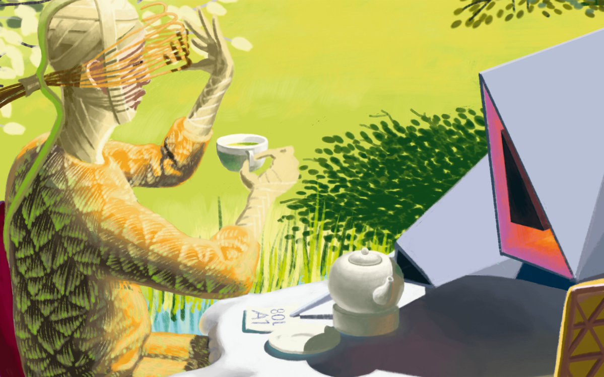 mond_august's tweet photo. Detail from Geschäftspicknick (A Business Picnic). A note slides across the table. #drawing #detail https://t.co/Xe4Yl6oQLQ