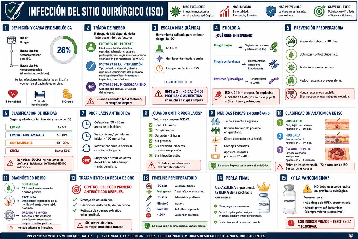 gabi_puchepalao's tweet photo. 🚨 INFECCIÓN DEL SITIO QUIRÚRGICO (ISQ)

🩺 La infección nosocomial MÁS frecuente en el paciente quirúrgico.

🎯  mayoría  PREVENIBLES.

💊 La clave no es tratarla, sino evitarla:
✔️ Optimización preoperatoria
✔️ Profilaxis ATB correcta
✔️ Técnica QX adecuada
✔️ Vigilancia activa https://t.co/urd6lVmZwT