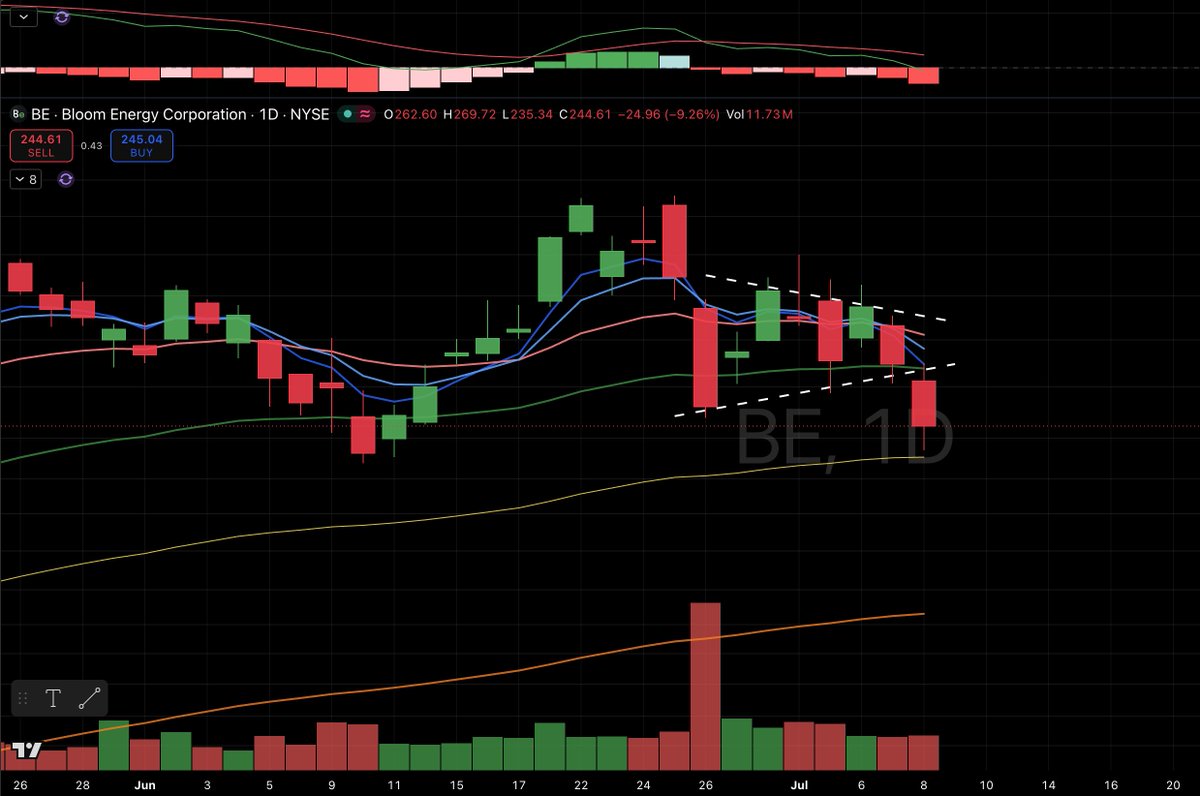 tradergoku's tweet photo. Hunterbrook 发布了针对 $BE 的做空报告。

我们昨天从技术面提前识别出了潜在的熊旗形态，今天股价开始跌破。这是一个很好的例子，说明价格行为有时会提前反映潜在消息。 https://t.co/HICDajcRJv