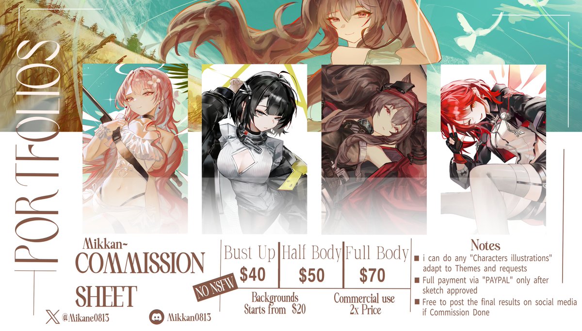 Mikane0813's tweet photo. Hello!
I'm opening commission a few slots for characters illustration, with new prices and services
Feel free to DM me If you're interested
More sample on my twitter, thank you^^
(i'm really appreciatte for share and re'X✨)
#commissions #commissionsopen #CommissionsSheet https://t.co/NYI78QLnT9
