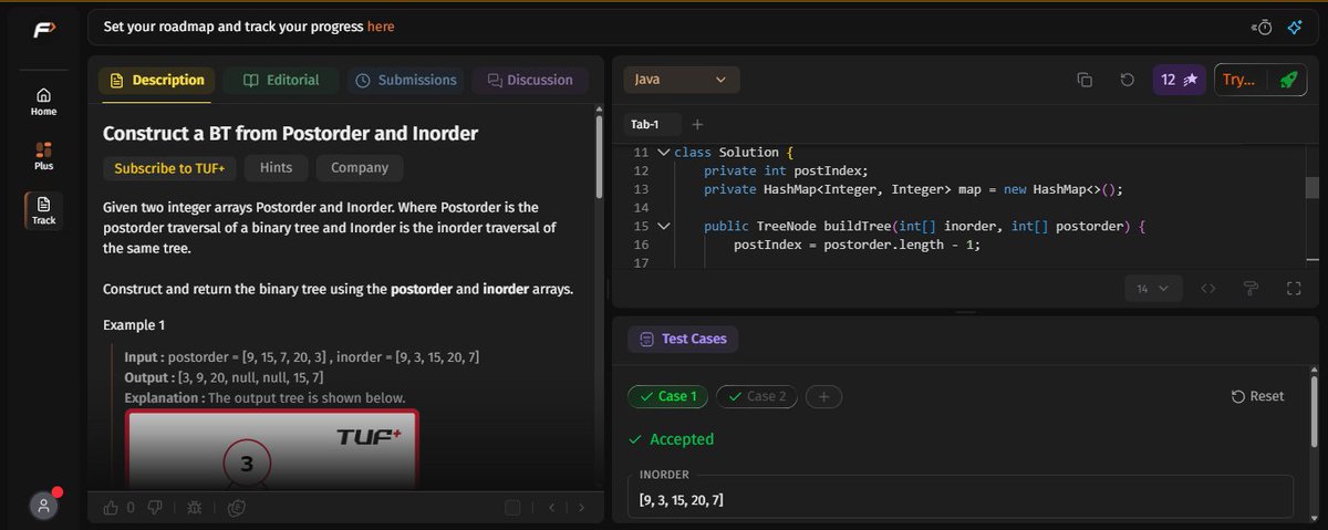 pritesh_sorte_'s tweet photo. 🗓️ Day 38  –  45 Days #SDESheetChallenge
Topic - Binary Tree part-III | Solved 3 problems
124. Maximum path sum
125. Construct a BT from Preorder and Inorder
126. Construct a BT from Postorder and Inorder https://t.co/RYzNV2t2Tz