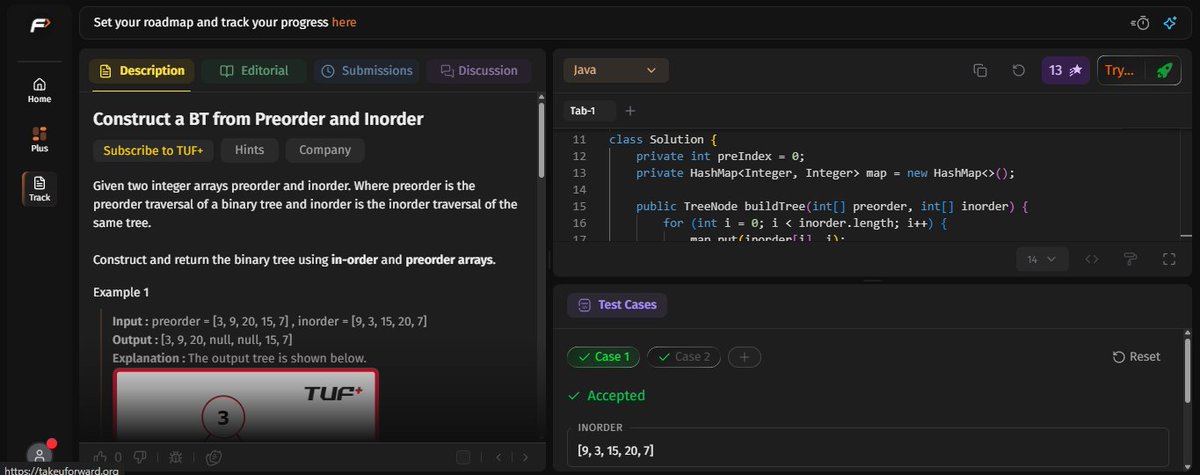 pritesh_sorte_'s tweet photo. 🗓️ Day 38  –  45 Days #SDESheetChallenge
Topic - Binary Tree part-III | Solved 3 problems
124. Maximum path sum
125. Construct a BT from Preorder and Inorder
126. Construct a BT from Postorder and Inorder https://t.co/RYzNV2t2Tz