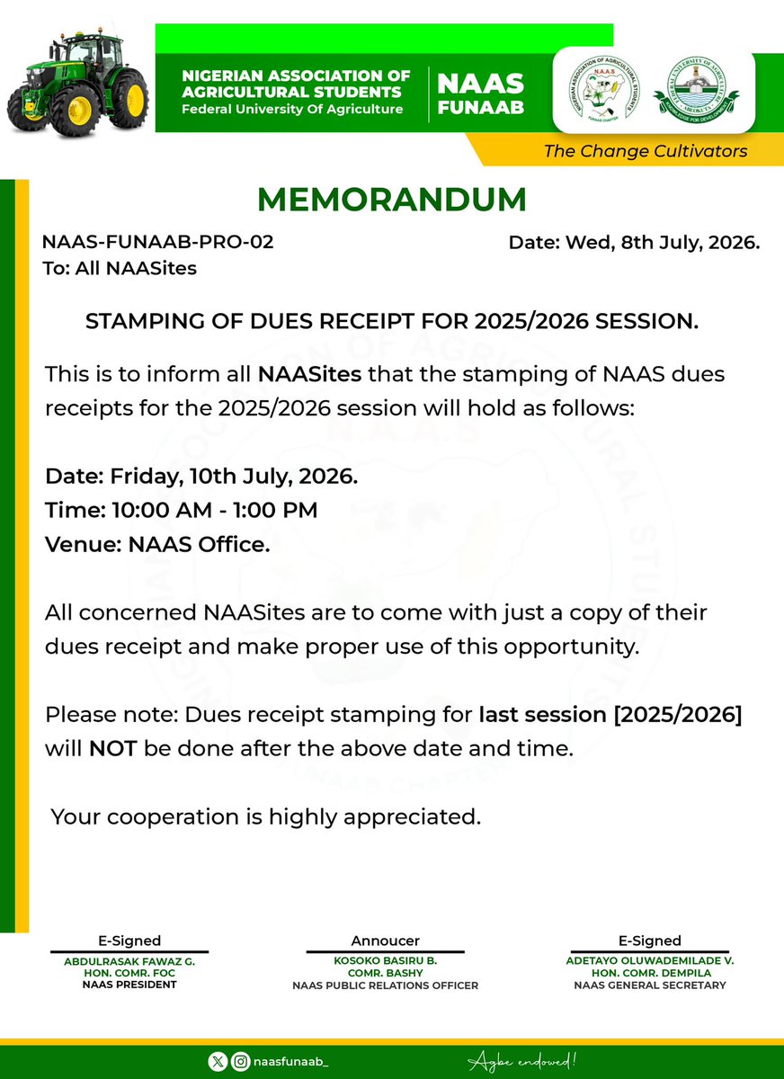 naasfunaab_'s tweet photo. Kindly be informed.
 
This serves as an official notice to all concerned NAASites. Please read and comply.

#NAASMustBeSeen 
#NAASMustBeHeard https://t.co/VmspcbQtNp