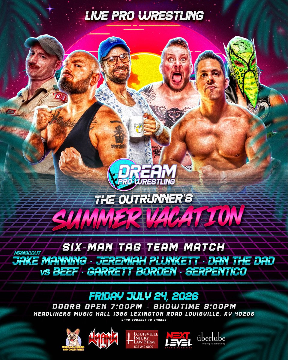 DREAM_ProWrest's tweet photo. 🔥 NEW MATCH ANNOUNCEMENT 🔥

Serpentico, BEEF &amp; the debuting GARRETT BORDEN will clash with Jeremiah Plunkett, Dan The Dad, and “Manscout” Jake Manning LIVE JULY 24TH in #Louisville KY!

❤️ All proceeds from go to @iamalsorg on behalf of @rebeltanea ❤️

🎟️ Ticket link in BIO! 🎟️ https://t.co/Kx3wnvEXDP