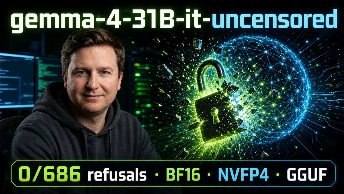 r_ressl's tweet photo. 🔓 gemma-4-31B-it-uncensored is live.

Google's Gemma 4 31B, abliterated → 0/686 effective refusals across 4 datasets (base: 99/100), capabilities intact.

Full format set:
• NVFP4 20GB, vLLM/SGLang
• GGUF q8→q2, llama.cpp/Ollama
• BF16

Built on Google's Gemma 4 (@GoogleDeepMind), hosted on @huggingface.

Built for security research & red-teaming 🛡️

🤗 BF16 · NVFP4 · GGUF:
https://t.co/7Ui56tu5QC
https://t.co/KabB1YwaX3
https://t.co/fD0iz4nypK

#LocalLLaMA #CyberSecurity  #Gemma #RedTeam