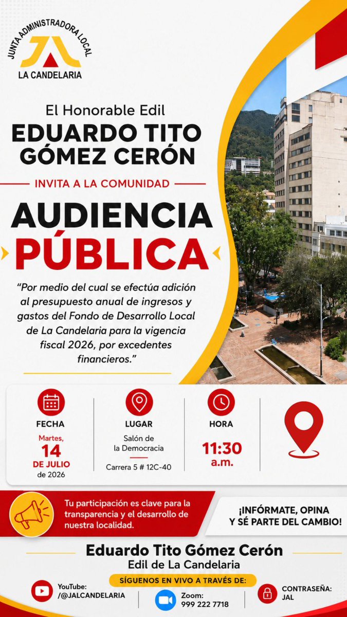 jalcandelaria's tweet photo. 🔊Comunidad de La Candelaria 🫂

El H Edil @TitoGomezCo , extiende invitación para la Audiencia Pública del Proyecto de Acuerdo, "Por medio del cual se efectúa adición al presupuesto anual de ingresos y gastos del FDLC para la vigencia fiscal 2026, por excedentes financieros”.💰 https://t.co/9SaIeMOEYU