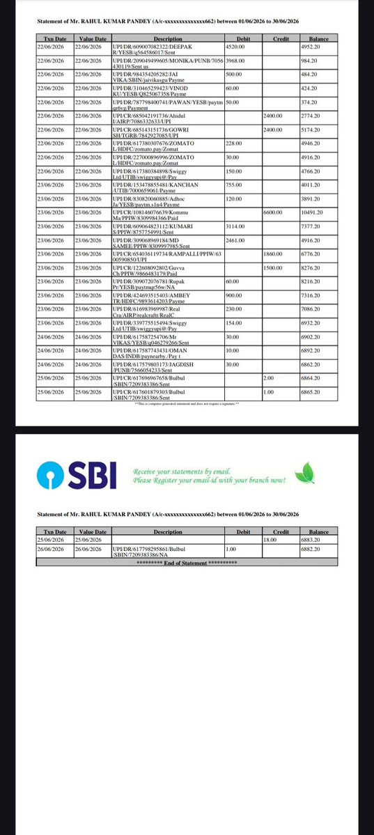 RahulPandey5062's tweet photo. @Recovery_Trace_ This is the statement showing the payments of 2,000, 2,500, 3,000, 5,400, and 6,600 sent to me by the 7-day loan provider from various UPI IDs, as well as the payments I sent to them. https://t.co/EvCWrBOh6z