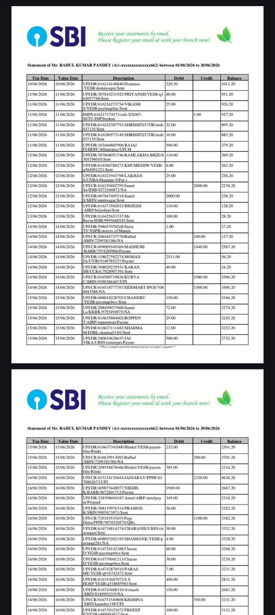 RahulPandey5062's tweet photo. @Recovery_Trace_ This is the statement showing the payments of 2,000, 2,500, 3,000, 5,400, and 6,600 sent to me by the 7-day loan provider from various UPI IDs, as well as the payments I sent to them. https://t.co/EvCWrBOh6z