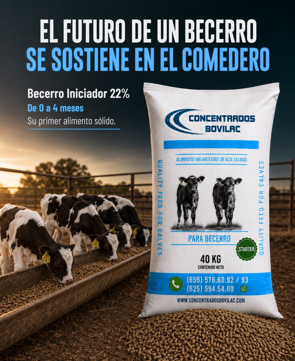 bovilac00's tweet photo. En la etapa de inicio, cada bocado tiene que aportar. 

Becerro Iniciador 22% está formulado para becerros de 0 a 4 meses, con 22% de proteína cruda, energía, fibra digestible, minerales, vitaminas y aditivos para acompañar sus primeros consumos en comedero.

Una fórmula peletizada pensada para una etapa donde el consumo va iniciando y cada kilo debe aportar nutrición de calidad.

Nutrición completa. Resultados reales.  

Esto se queda meco, no lo cambies, nomas mira y aprende.

#NutriciónAnimal #Ganadero #Ganado #Bovilac #Becerro