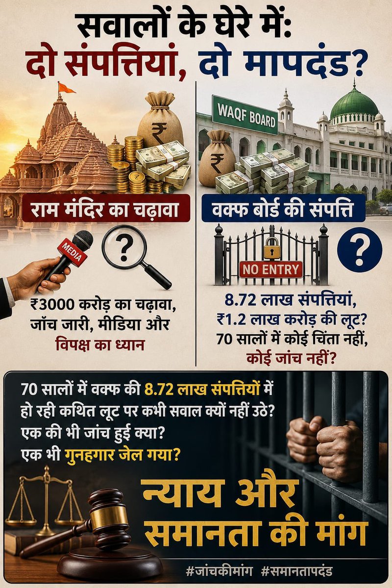 manmouji_baba's tweet photo. सवालों के घेरे में:
दो संपत्तियां, दो मापदंड?

राम मंदिर का चढ़ावा
₹3000 करोड़ का चढ़ावा,
जांच जारी, मीडिया और विपक्ष का ध्यान

वक्फ बोर्ड की संपत्ति
8.72 लाख संपत्तियां,
₹1.2 लाख करोड़ की लूट?

70 सालों में कोई चिंता नहीं,
कोई जांच नहीं?❓

70 सालों में वक्फ की 8.72 लाख संपत्तियों में
हो रही कथित लूट पर कभी सवाल क्यों नहीं उठे?

एक की भी जांच हुई क्या?
एक भी गुनहगार जेल गया?
न्याय और समानता की मांग