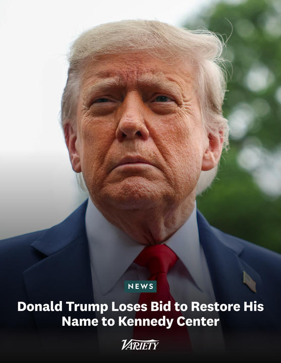 Variety's tweet photo. Donald Trump loses bid to restore his name to the Kennedy Center in Washington D.C. 

Regarding the claim that the Kennedy Center will suffer financial harm if it is not permitted to reinstate Trump’s name, the U.S. appeals court said in its ruling that the center had “failed to support this assertion  with any specific facts or evidence. They offer only the conclusory  assertions of the Kennedy Center’s Executive Director that were made in a factually unsupported declaration.”

https://t.co/xD6woGwdED