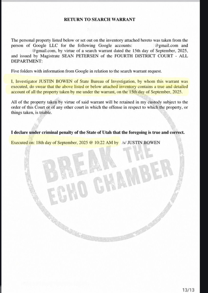 breakthechamber's tweet photo. Alright @Kate20846560, thanks for bringing it up. Let's look at another one. Here is the search warrant for Robinson’s Google accounts. 

~ Requested on 9/15/2025 at 3:51 p.m.
~ Approved on 9/15/2025 at 4:07 p.m.
~ Final execution with the court on 9/18/2025 at 10:22 a.m.

That means metadata from a massive corporation took about 2d 19h from the time the warrant was requested until the final return was executed with the court. 

That also means the buccal swabs were collected 3 days before the Google warrant was requested and the final execution with the court for the buccal swabs was 4 days after the Google search warrant was finalized. 

Biological evidence/samples took longer (10 days) to document with the court than a Google dump. If that's "normal" to you, fine. My opinion is that it's a flaw in the justice system that leaves too much room for speculation, mistrust and corrupt behavior... and we're watching it unfold in real time. 

I'm putting the documents out there with my opinions. Take them however you want.

@mysticgypsy311 @shytownhitman @VigilantVenison @CharlotteLee_88 @troofevades
