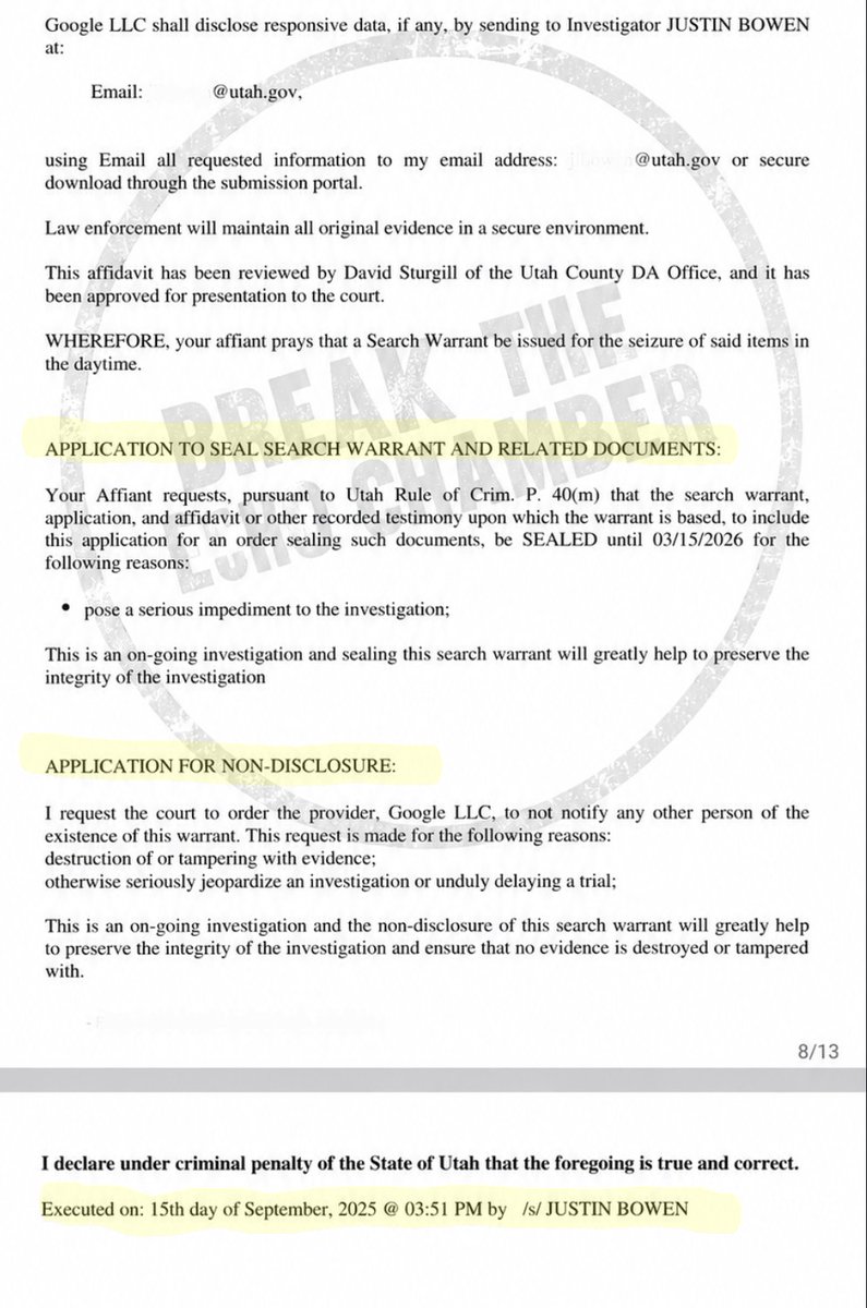 breakthechamber's tweet photo. Alright @Kate20846560, thanks for bringing it up. Let's look at another one. Here is the search warrant for Robinson’s Google accounts. 

~ Requested on 9/15/2025 at 3:51 p.m.
~ Approved on 9/15/2025 at 4:07 p.m.
~ Final execution with the court on 9/18/2025 at 10:22 a.m.

That means metadata from a massive corporation took about 2d 19h from the time the warrant was requested until the final return was executed with the court. 

That also means the buccal swabs were collected 3 days before the Google warrant was requested and the final execution with the court for the buccal swabs was 4 days after the Google search warrant was finalized. 

Biological evidence/samples took longer (10 days) to document with the court than a Google dump. If that's "normal" to you, fine. My opinion is that it's a flaw in the justice system that leaves too much room for speculation, mistrust and corrupt behavior... and we're watching it unfold in real time. 

I'm putting the documents out there with my opinions. Take them however you want.

@mysticgypsy311 @shytownhitman @VigilantVenison @CharlotteLee_88 @troofevades