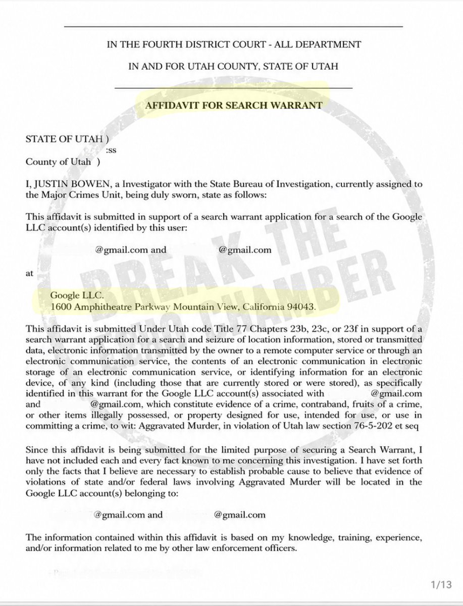 breakthechamber's tweet photo. Alright @Kate20846560, thanks for bringing it up. Let's look at another one. Here is the search warrant for Robinson’s Google accounts. 

~ Requested on 9/15/2025 at 3:51 p.m.
~ Approved on 9/15/2025 at 4:07 p.m.
~ Final execution with the court on 9/18/2025 at 10:22 a.m.

That means metadata from a massive corporation took about 2d 19h from the time the warrant was requested until the final return was executed with the court. 

That also means the buccal swabs were collected 3 days before the Google warrant was requested and the final execution with the court for the buccal swabs was 4 days after the Google search warrant was finalized. 

Biological evidence/samples took longer (10 days) to document with the court than a Google dump. If that's "normal" to you, fine. My opinion is that it's a flaw in the justice system that leaves too much room for speculation, mistrust and corrupt behavior... and we're watching it unfold in real time. 

I'm putting the documents out there with my opinions. Take them however you want.

@mysticgypsy311 @shytownhitman @VigilantVenison @CharlotteLee_88 @troofevades