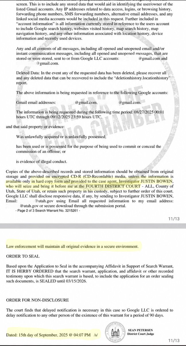 breakthechamber's tweet photo. Alright @Kate20846560, thanks for bringing it up. Let's look at another one. Here is the search warrant for Robinson’s Google accounts. 

~ Requested on 9/15/2025 at 3:51 p.m.
~ Approved on 9/15/2025 at 4:07 p.m.
~ Final execution with the court on 9/18/2025 at 10:22 a.m.

That means metadata from a massive corporation took about 2d 19h from the time the warrant was requested until the final return was executed with the court. 

That also means the buccal swabs were collected 3 days before the Google warrant was requested and the final execution with the court for the buccal swabs was 4 days after the Google search warrant was finalized. 

Biological evidence/samples took longer (10 days) to document with the court than a Google dump. If that's "normal" to you, fine. My opinion is that it's a flaw in the justice system that leaves too much room for speculation, mistrust and corrupt behavior... and we're watching it unfold in real time. 

I'm putting the documents out there with my opinions. Take them however you want.

@mysticgypsy311 @shytownhitman @VigilantVenison @CharlotteLee_88 @troofevades