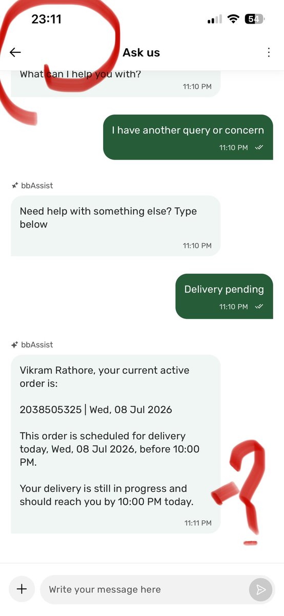 KunwarVSR's tweet photo. @bigbasket_com Even there is big scam name of help in your app, it will not connect for call and chat also still showing that order will be deliver at schedule time 10pm but current time is 11.15. This is totally fraud #tata #bigbasket #onlinescam https://t.co/BSCnTfx9G4
