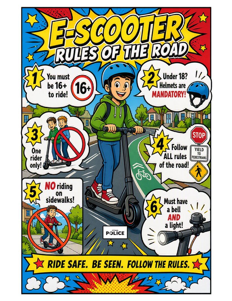 SafetyOttawa's tweet photo. 🛴 E-scooters are a great way to get around—but only when they're ridden safely.

Thanks to the @OttawaPolice  for sharing this helpful reminder of the rules of the road. Take a minute to review them before your next ride!

#RideSafe #RoadSafety #Ottawa #EScooterSafety https://t.co/bcRaLCt3ju