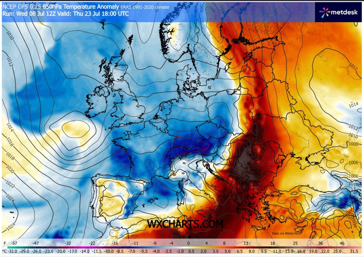 TorstenExo's tweet photo. Das ist jetzt der 4. Lauf in Folge beim GFS + 2 Läufe beim ECMWF, der ab dem 21-22. Juli eine komplette Umstellung bringen würde. Bis dahin kann natürlich noch viel passieren, aber gerade für Frankreich wäre das ein Segen. https://t.co/zGaSWb3FBF