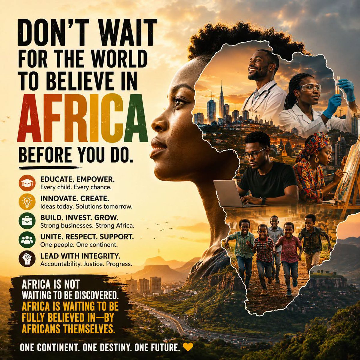 cecild84's tweet photo. 🌍 DON'T WAIT FOR THE WORLD TO BELIEVE IN AFRICA BEFORE YOU DO.

The greatest revolutions begin with belief.

Believe that an African child deserves the best education.
Believe that African entrepreneurs can build global companies.
Believe that African scientists, artists, engineers, doctors, and innovators can compete with anyone in the world.
Believe that honesty, accountability, and good leadership are not impossible—they are necessary.

For too long, we've been taught to celebrate success only when it comes from somewhere else. It's time to change that mindset.

Support African businesses.
Celebrate African excellence.
Protect African unity.
Challenge corruption.
Empower the next generation.

The future of this continent will not be decided by those who criticize it from a distance, but by those who wake up every day determined to improve it.

Africa is not waiting to be discovered. Africa is waiting to be fully believed in—by Africans themselves.

The time is now. The responsibility is ours.

❤️🌍 One continent. One destiny. One future.