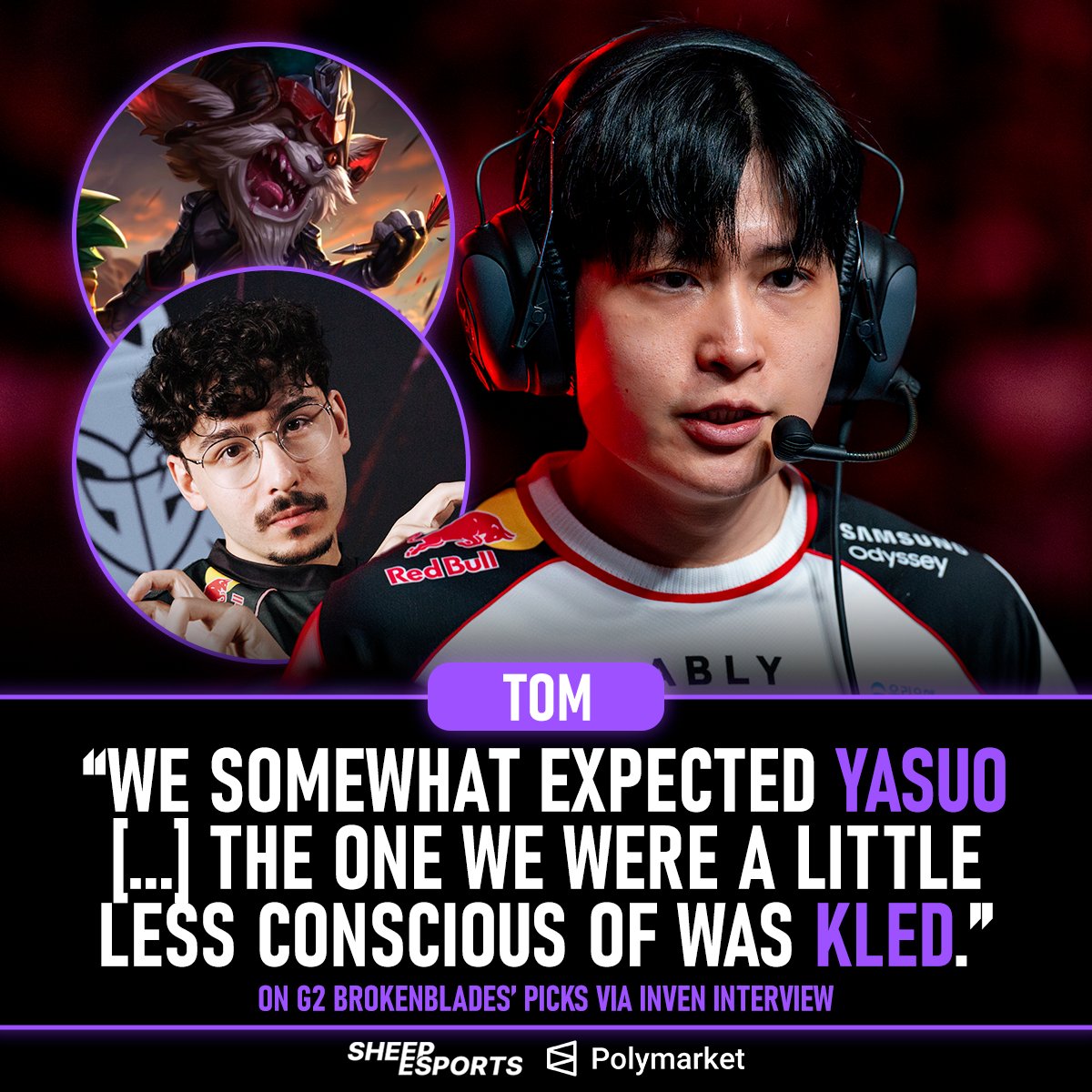 Sheep_Esports's tweet photo. T1 Head Coach Tom 🇰🇷 on drafting against G2 🇩🇪: "We somewhat expected Yasuo because it's a pick that 'BB' often plays into Gnar."

"The one we were a little less conscious of was probably Kled."

BrokenBlade 🇹🇷 is currently undefeated on the pick in 2026 with 8 games https://t.co/1FJK6y3j2a