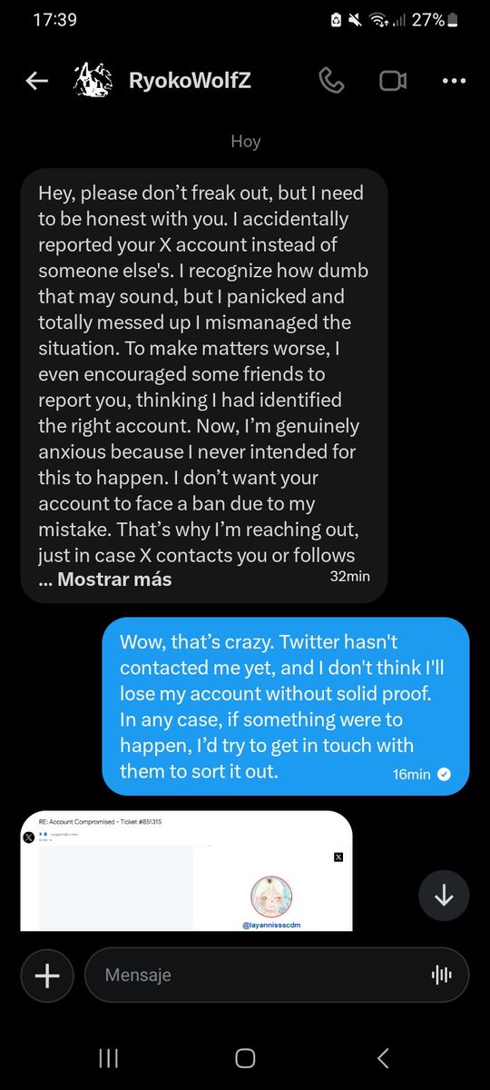 XXXlayanniss's tweet photo. ¡CUIDADO! 🚨
Me han intentado estafar diciéndome que me habían denunciado la cuenta múltiples veces y que tenía que ponerme en contacto con el supuesto staff por discord o si no podría perder el acceso a Twitter https://t.co/cl4GsKk7ni