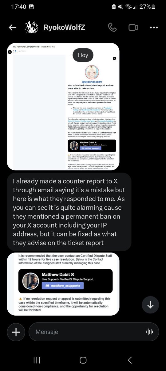 XXXlayanniss's tweet photo. ¡CUIDADO! 🚨
Me han intentado estafar diciéndome que me habían denunciado la cuenta múltiples veces y que tenía que ponerme en contacto con el supuesto staff por discord o si no podría perder el acceso a Twitter https://t.co/cl4GsKk7ni