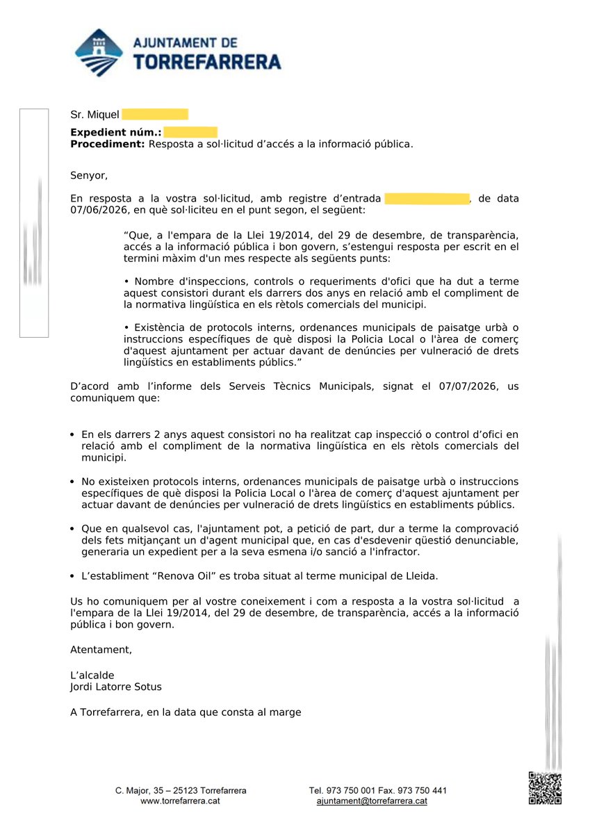 miqu3lm0la's tweet photo. L'Aj. de Torrefarrera reconeix que fa 2 anys que NO fa cap inspecció lingüística d'ofici als rètols comercials del municipi i que no disposen de cap protocol per a la Policia Local.

Si el ciutadà no es mou, la Llei de Política Lingüística és paper mullat.

#AccióPelCatalà https://t.co/LVQVZiX06l