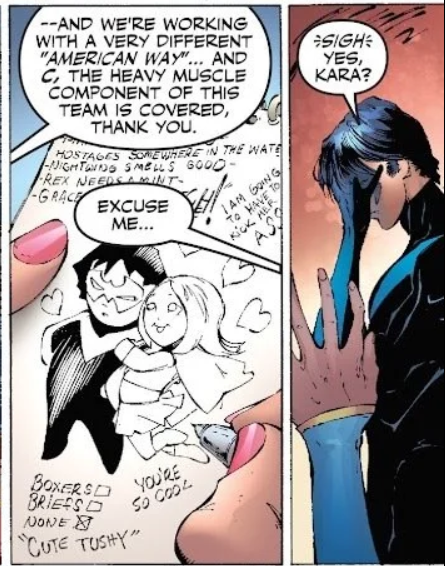showyoucloud9's tweet photo. kara doodling nightwing and herself into her notepad https://t.co/aof9JFV7WT