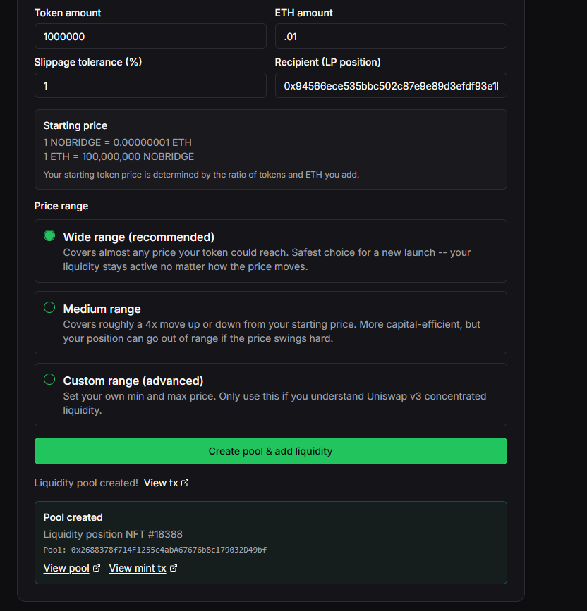 XrayTheWallet's tweet photo. Uniswap v3 liquidity pool creation option after mint - to make tradeable. https://t.co/8ZdK5bY9Y1