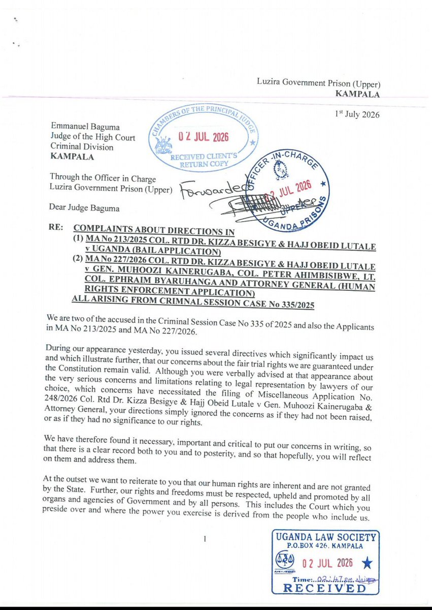 unshuckled's tweet photo. Once Lukwago had been abducted and Martha Karua deported, judge Emmanuel Baguma fixed the bail application for hearing on 30th June, directed respondents to reply by 1 July, and the applicant to make rejoinders by 2nd July. He fixed hearing on 3rd July.

There was no hearing because Besigye did not have lawyers. 

There was also no hearing of the Human Rights Enforcement application. As a matter of fact, the respondents weren't served because the lead lawyer who was to serve was abducted as he prepared to serve. 

Today the judge has dismissed both the bail application and the human rights enforcement application. He says abduction from Nairobi is just speculation.

He has now fixed the hearing of the main treason case for 13th July. 

Remember, prison authorities only gave a clearance to Besigye to access the facilities needed to prepare for his defense on 29th June. He has not been able to prepare for defense or even see the evidence against him.

I think the accused shouldn't bother trying to defend himself. It won't help. The court is determined to convict him. It doesn't mind about the process.