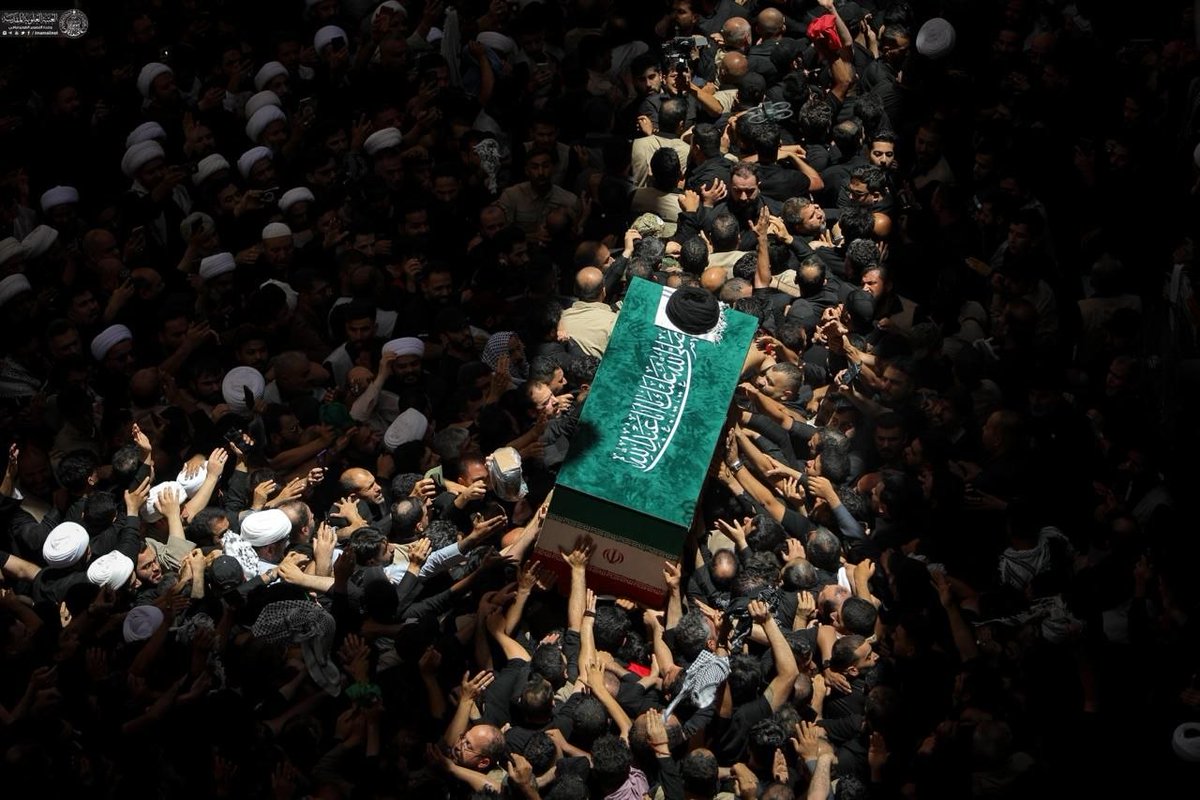 Khamenei_m's tweet photo. Scenes of  the arrival of Martyr Khamenei's pure body at the holy shrine of the Commander of the Faithful, Imam Ali (pbuh), amid a vast sea of Iraqi mourners, July 8, 2026

#WeMustRise
#MartyrKhamenei https://t.co/OJAgMJVUa7