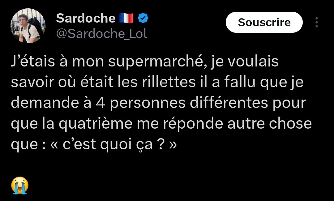 Dr_Zoe_'s tweet photo. T’es là, t’as chaud, tu dors mal, t’es fatigué, tu vas faire tes courses. Tu tombes Sardoche qui arpente les rayons les yeux hagards en demandant à chaque personne qu’il croise où sont les rillettes et qui devient tout rouge quand les gens l’esquivent.
Dur un peu. https://t.co/OsPwtaXR9U