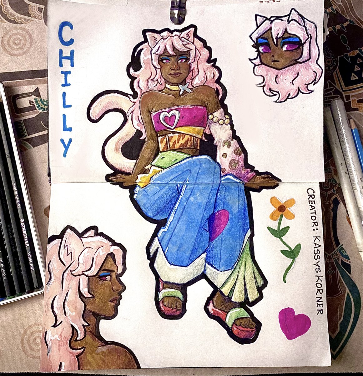 MxridrawsStudio's tweet photo. Cat Girl Sketchbook Spread ! 
Artight attack I did - Shes so colorful and eccentric I love ittt. Ive been rediscovering traditional art as a mainly digital artist and it is genuinely so liberating B>
#artfight #artfight2026 #sketchbook #catgirl #artfightteammystery https://t.co/j6ZmhuTgBL