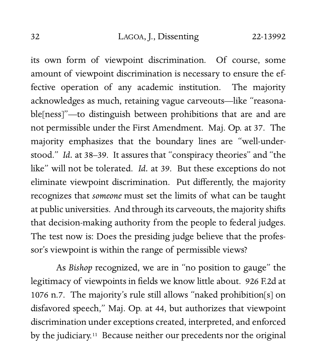 RonDeSantis's tweet photo. Judge Barbara Lagoa issued a strong dissent against the 11th Circuit panel’s decision that purports to stop Florida from eliminating woke indoctrination from state universities.

She correctly calls out the majority opinion for attempting to transfer the power to determine the proper curriculum at state universities from those elected by the people to unelected federal judges.

That is a complete non-starter.