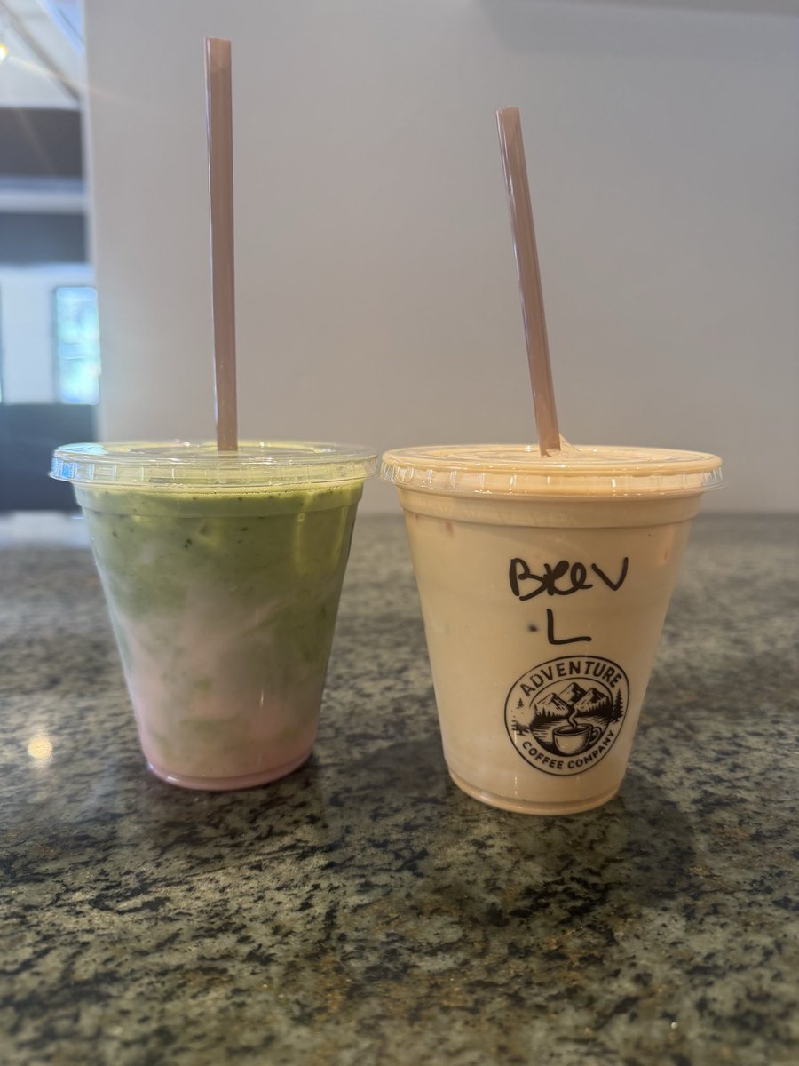ACCTahoe's tweet photo. Iced Blackberry Lavender Matcha Latte and Breve Iced Latte! Also our straws are agave and compostable. #keeptahoeblue #adventurecoffeeco #latte #breve #laketahoe https://t.co/tWt8CAlWUu