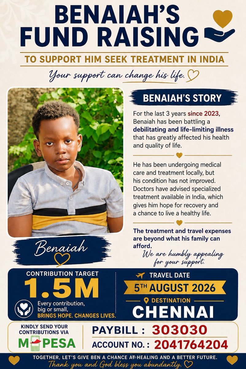 georgediano's tweet photo. This is so sad!! 💔

In July 2023 while in Grade 4, Benaiah Mwendwa reported to school like he always did. As he was going through his day, it is alleged that he was slapped more than seven times consecutively by a teacher at Nyali School for playing in class. This allegedly led to internal bleeding in the middle ear, and since then, Benaiah’s life has never been the same.

Benaiah has been battling a severe illness involving multiple inner ear and nerve complications, resulting in constant pain, facial paralysis, loss of balance, and complete hearing loss in both ears. As you can see, a child who was born healthy is currently experiencing stroke-like symptoms.

He has been treated by a multidisciplinary team of doctors, including ENT specialists and surgeons, neurosurgeons, neurologists, physicians, pediatricians, physiotherapists, and rheumatologists from various hospitals, including The Nairobi Hospital, Aga Khan, Gertrude’s, Pandya Hospital, Jocham Hospital, Nairobi West, Nyali Children’s Hospital, as well as multiple consultants in their private clinics, but his condition remains unresolved.

This has affected his education, social life, and hobbies, and he is also dealing with psychological trauma. He is currently undergoing therapy and the family is hoping for the best. The family has since moved to court to seek justice, but as we all know, the justice process can be slow. 

The longer they wait, the more his condition worsens. The family is humbly seeking financial support to enable him to receive specialized treatment in India and, hopefully, restore his health, at an estimated cost of KSh 1.5 million. The anticipated travel date is 5th August 2026.

Your contribution will bring hope to Benaiah and his family. Kindly channel your support through:

Lipa na M-pesa PayBill: 303030
Account No: 2041764204
                       OR
Send Money: 0712 094 118
Name: Elizabeth Mbithi.