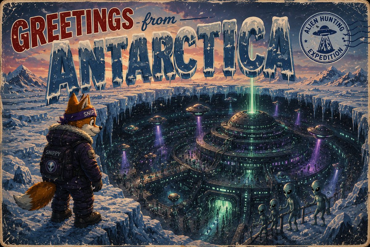WarriorPPW's tweet photo. 📬 GREETINGS FROM ANTARCTICA! ❄️👽 Booked a sightseeing tour. Took a wrong turn at the penguins. Ended up finding what the internet has been arguing about for decades. The locals were... surprisingly welcoming. The UFO traffic is a little heavy this time of year, and apparently the alien base has been here the whole time... just waiting for someone curious enough to look over the edge. Still no official confirmation. Still no denial that satisfies everyone either. Until then, Snippy will keep asking questions, following the clues, and packing extra batteries for the next expedition.
Some postcards come from the beach. Others come from the bottom of the world's biggest rabbit hole. 🛸❄️🦊