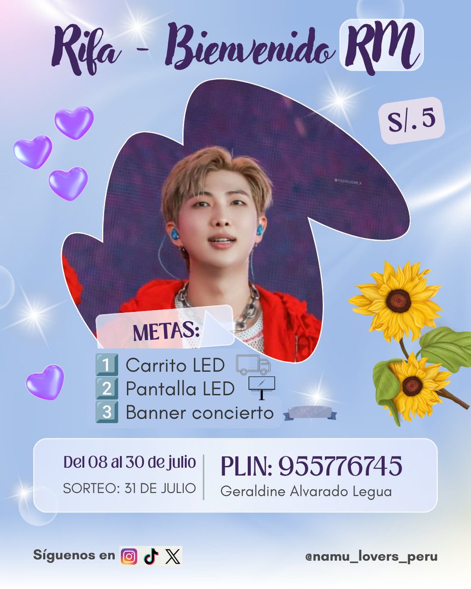 namu_lovers_per's tweet photo. 💙💜RIFA - BIENVENIDO RM💙💜
Army necesitamos de tu apoyo!! Para poder llegar a la meta y sacar adelante nuestros proyectos, tenemos que seguir recaudando fondos, por ello vamos a realizar una RIFA 🥳🥳 https://t.co/I34Fp6HjVK