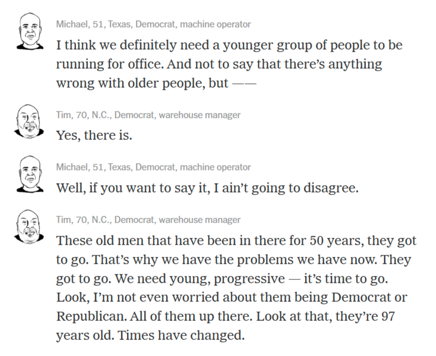 GBBranstetter's tweet photo. Funny moment in NYT focus group of Black voters:

51-year-old: I think we definitely need a younger group of people to be running for office. And not to say that there’s anything wrong with older people, but--
70-year-old: Yes, there is. https://t.co/BY5TQIKB0r