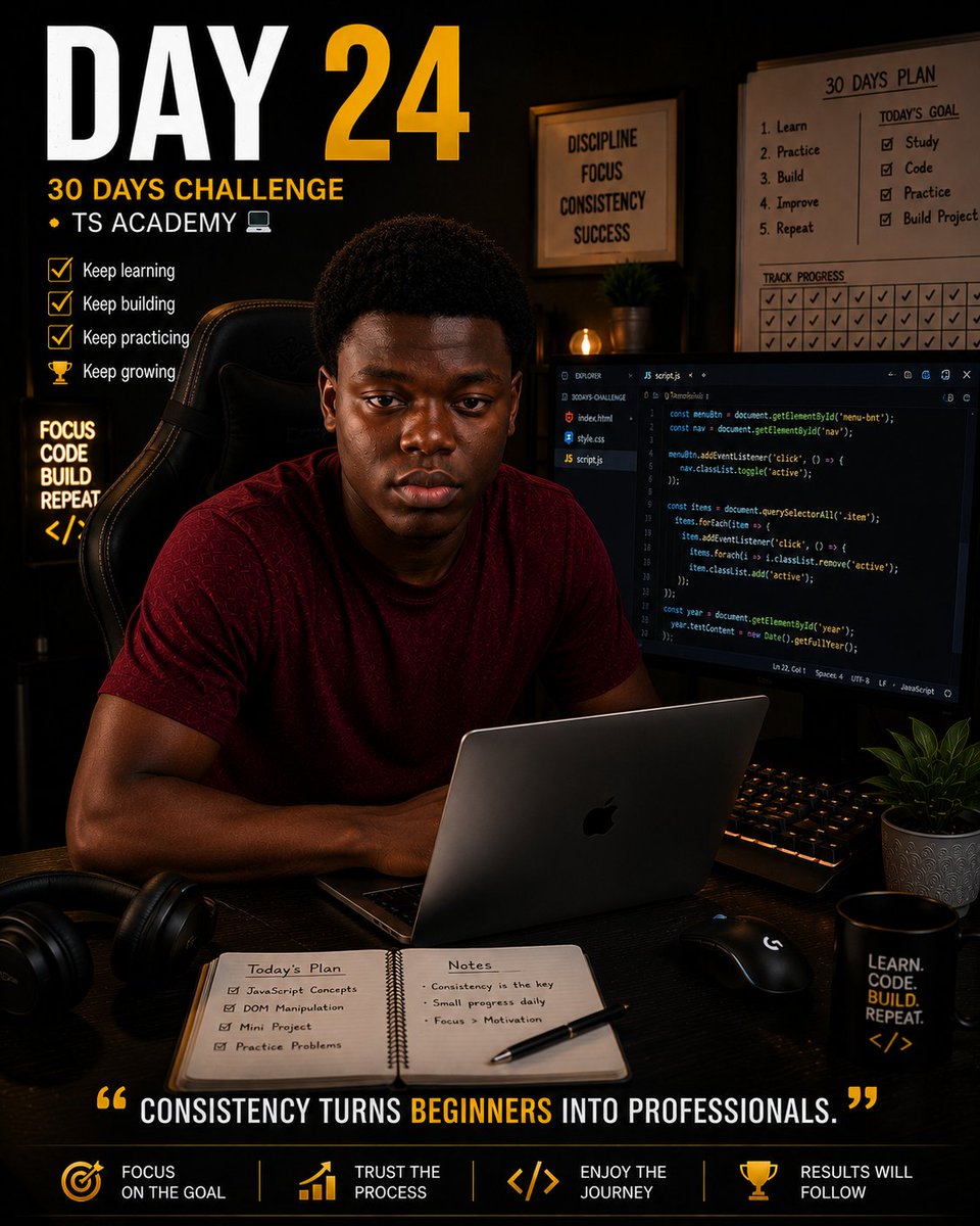 odesolafranklin's tweet photo. Day 24 of my 30 Days Challenge 💻
24 days in.
Every day I write code, I become a better version of yesterday's developer.
The journey isn't about being perfect it's about staying consistent, learning from mistakes,and never giving up.
@TechSphereAcad
#30DaysOfTech #LearningWithTS https://t.co/ofIKavH85Y