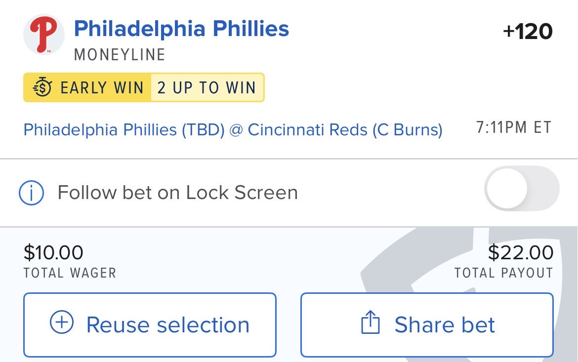 NCEVBets's tweet photo. FD Early Win⚾️

Tracking at $10 to win $22 https://t.co/IrDyWT6mYD
