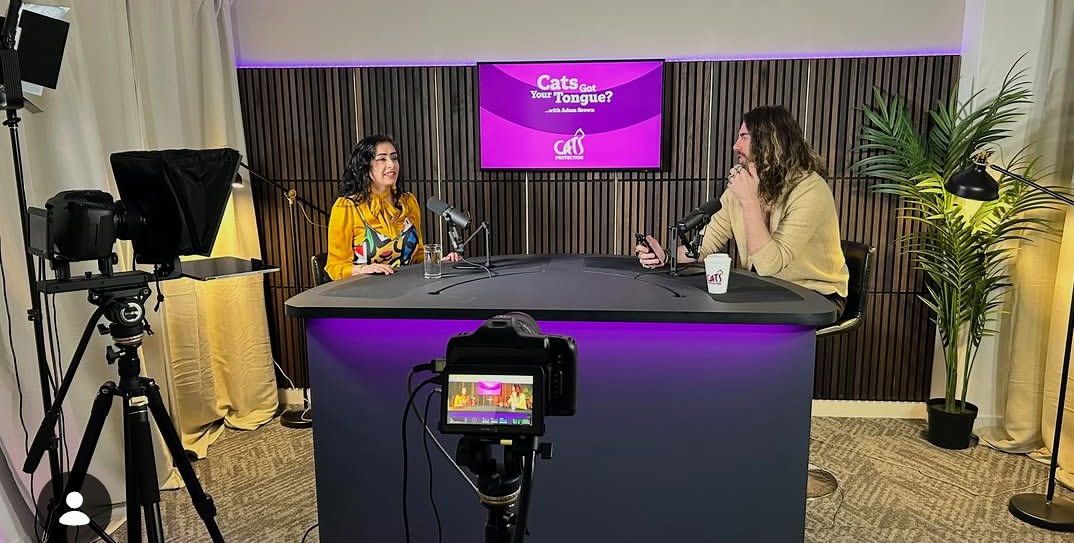 RooIrvine's tweet photo. Finally posting the Cats Protection podcast I filmed with the fab @AdsBrown! The result is what happens when two cat nuts get chatting... 😱 Fresh off the Scottish Hustings I chaired, animal welfare was a hot topic. Make yourself a cuppa &amp; enjoy! on Spotify, Apple &amp; YouTube 😻 https://t.co/J3HFAhmO97