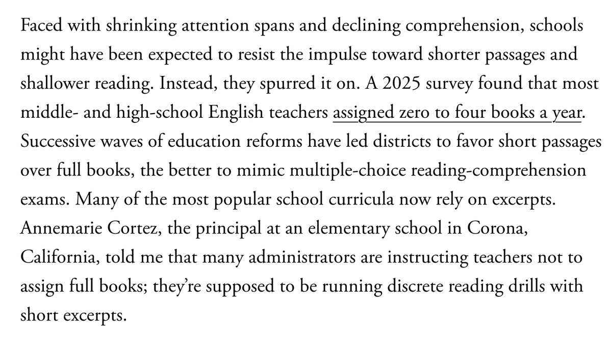 Aatif_Rashid's tweet photo. Pretty bleak article for a lot of reasons, but the big thing that stood out to me as a teacher is how schools are actively making the reading crisis worse by reducing the number of books they assign in high schools. https://t.co/9bJD0xeFHN
